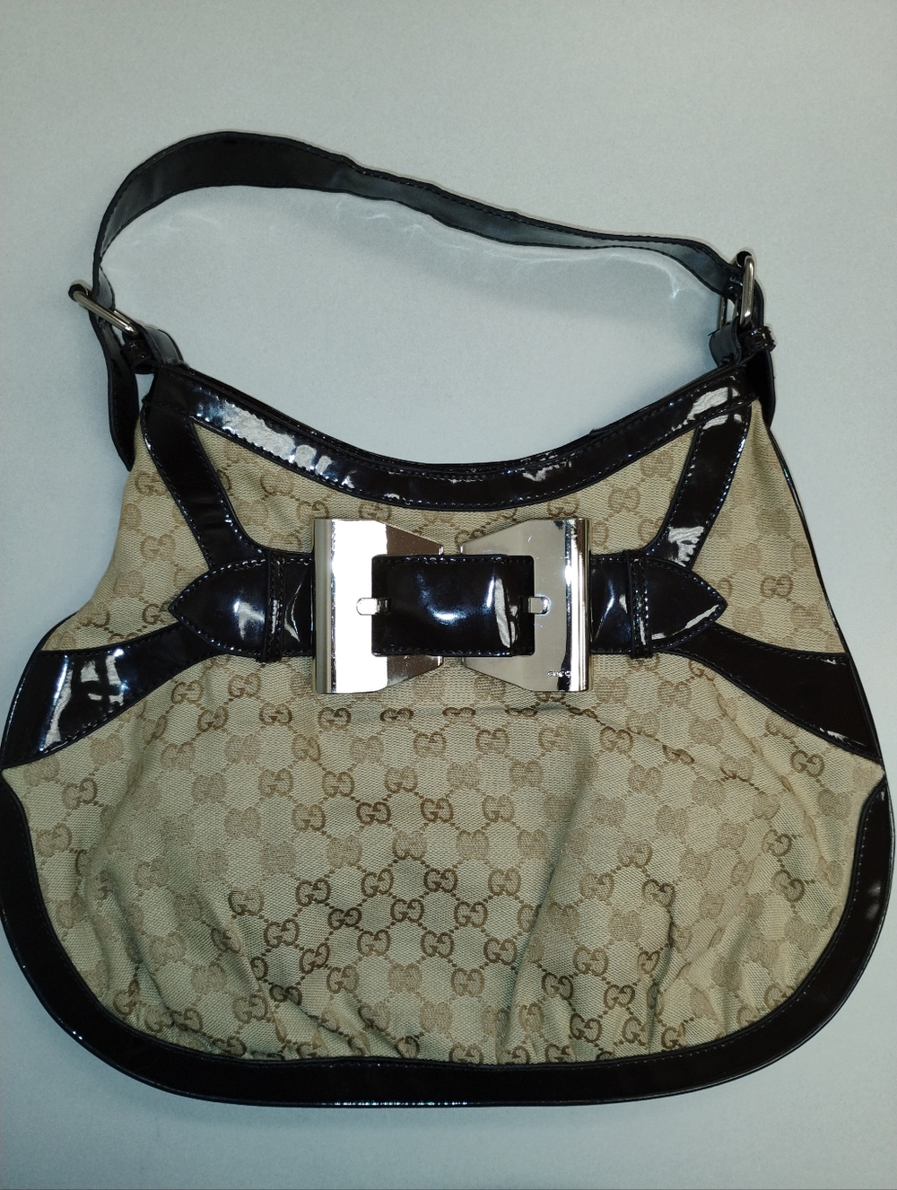 VINTAGE Authentic Gucci Monogram Shoulder Bag with Brown Patent Trim